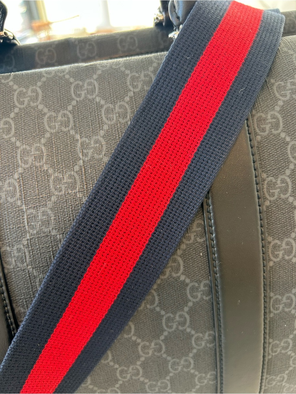 Gucci Black GG Supreme Duffel with Red and Navy Web Strap - Picture 2 of 15